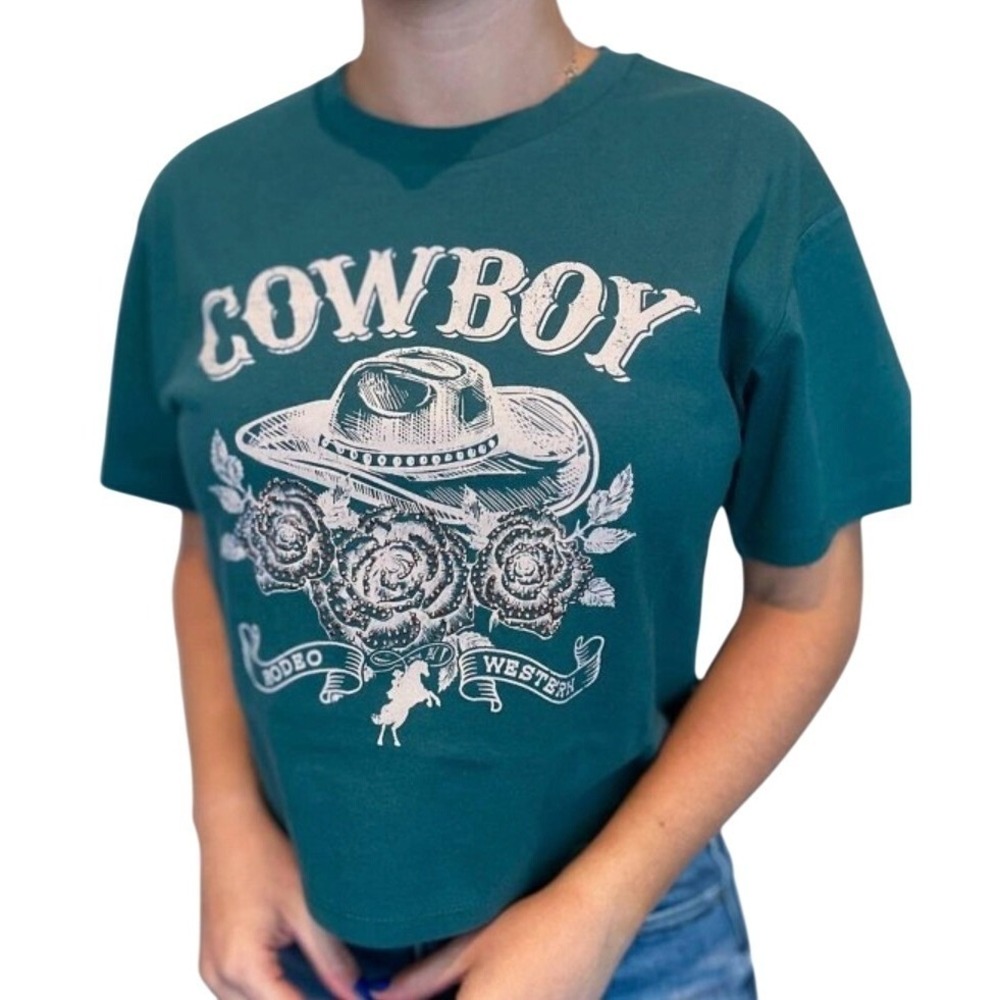 Organic Generation Teal Cowboy Rodeo Western Graphic T-Shirt Rhinestone Size M